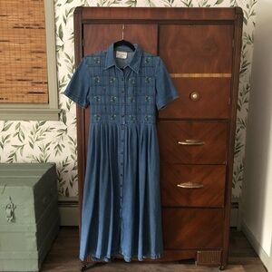 Vintage Denim Embroidered Pleated Midi Dress